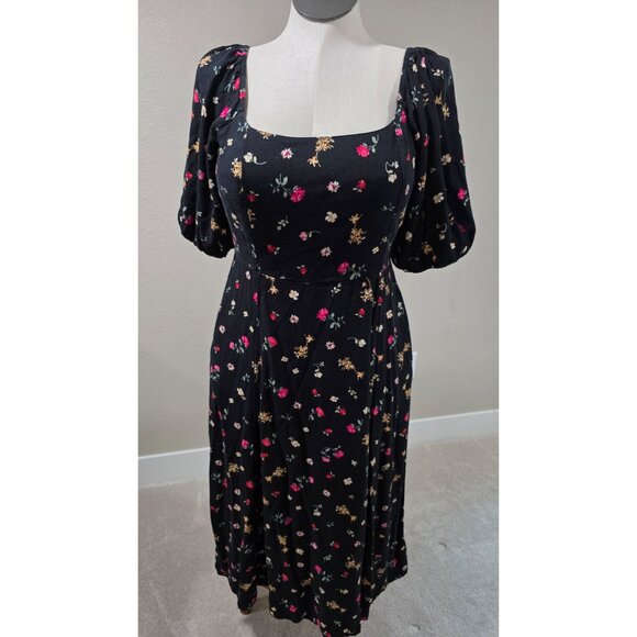 Floral Puff Sleeve Midi Dress With Pockets Black Multicolor - Picture 2 of 9